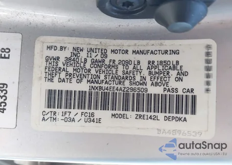 2010 Toyota Corolla Le z USA, uszkodzony, nr VIN 1NXBU4EE4AZ296509